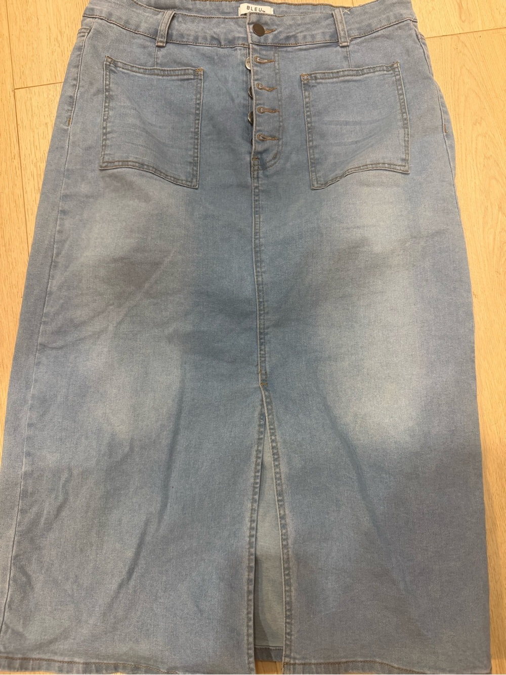 Light Blue Denim Midi Skirt with Front Button & Slit size 12
